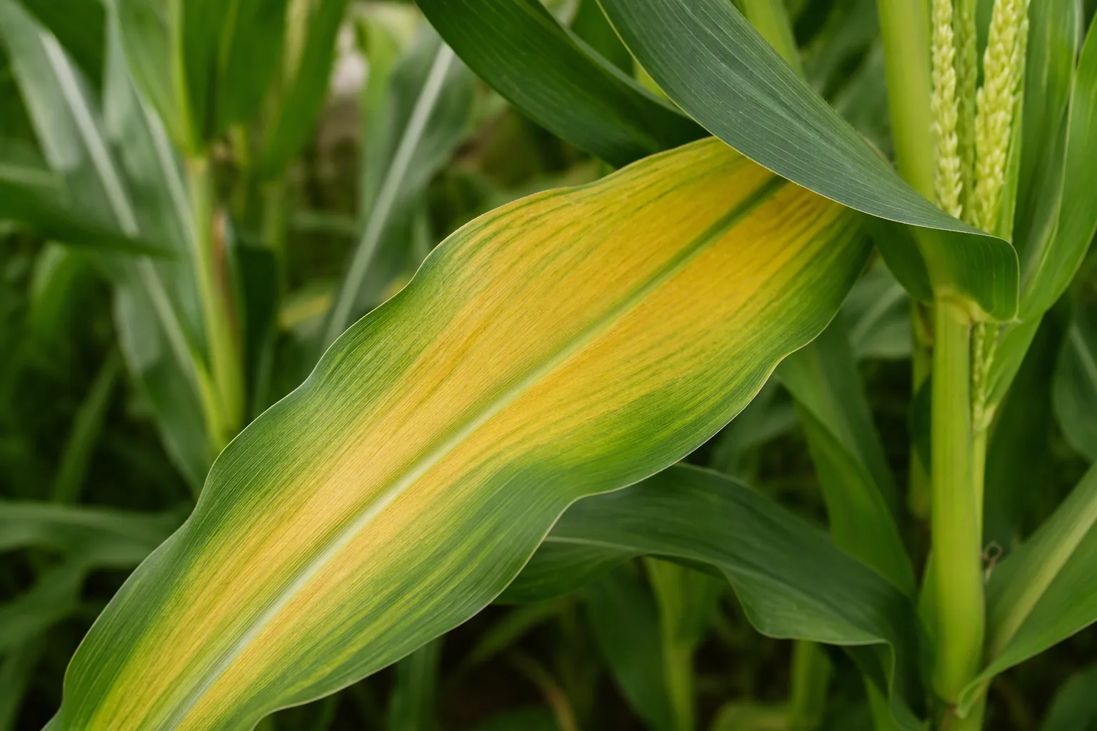 Maize fertilizer program diagnosis: V-shaped yellowing on lower leaves from nitrogen deficiency